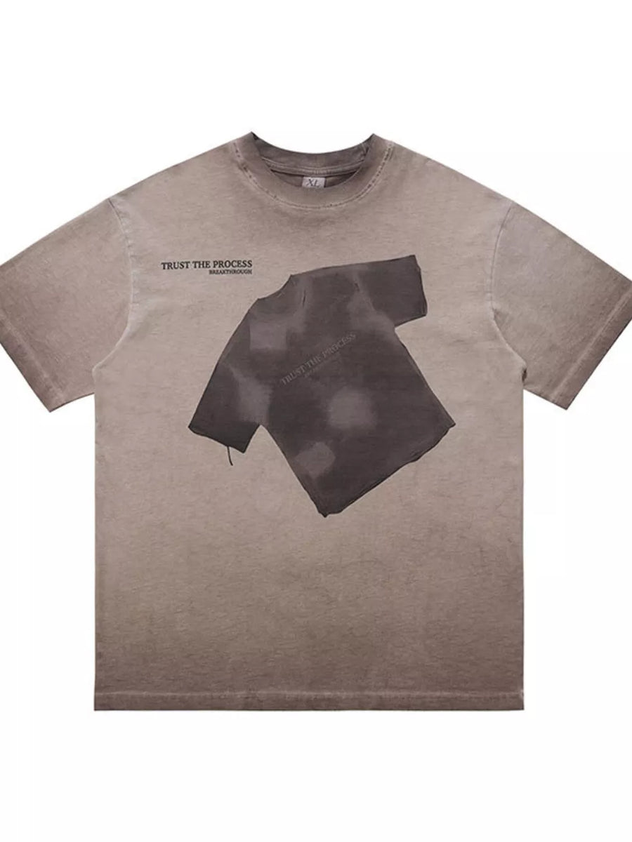 Men's khaki cotton blend t-shirt with distressed graphic print and text.