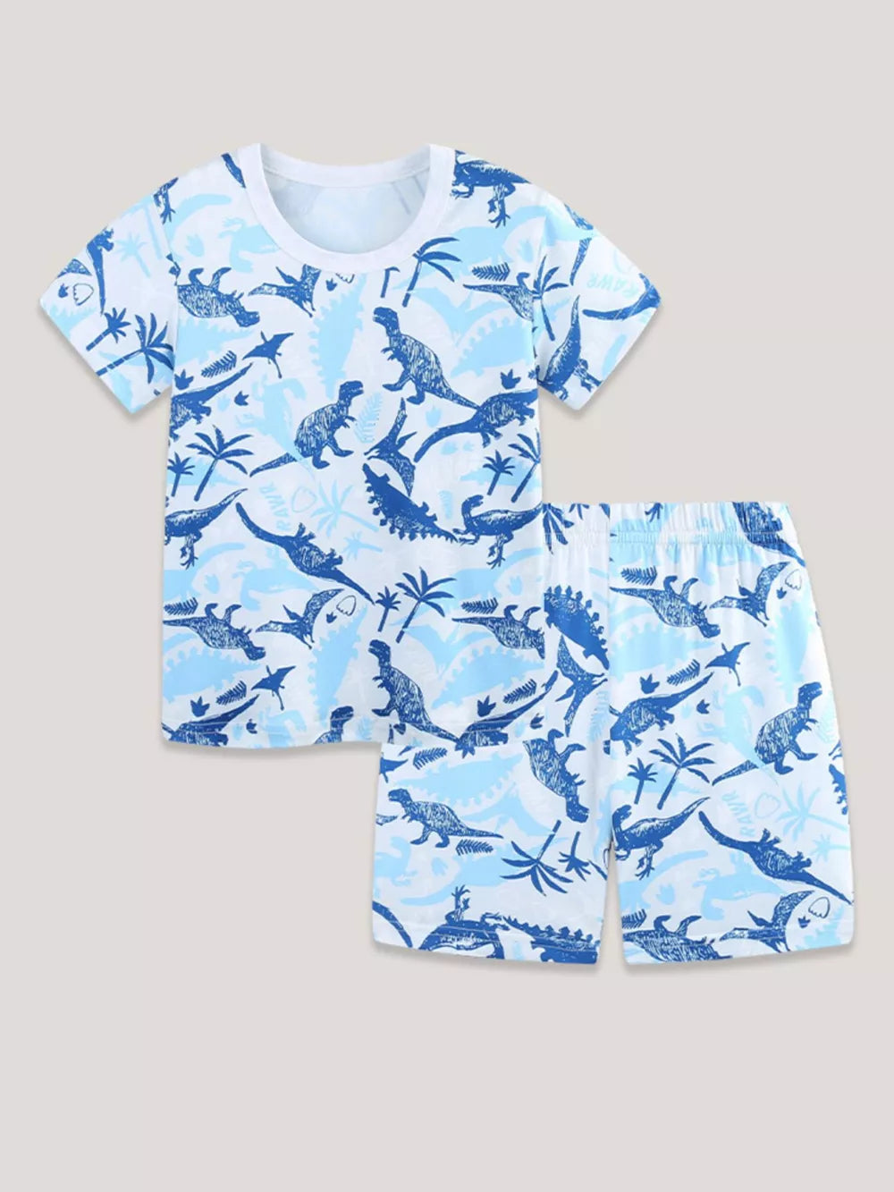 Baby blue dinosaur print pajama set with short sleeves and shorts.