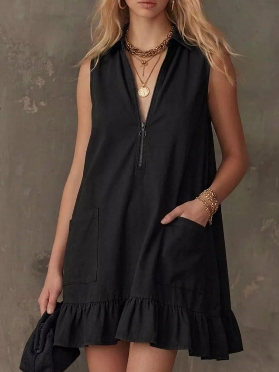 Black zip-front collared dress with pockets and ruffle hem