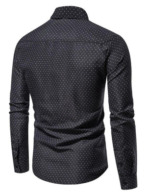 Dark blue micro-dotted slim fit button-up shirt with long sleeves.