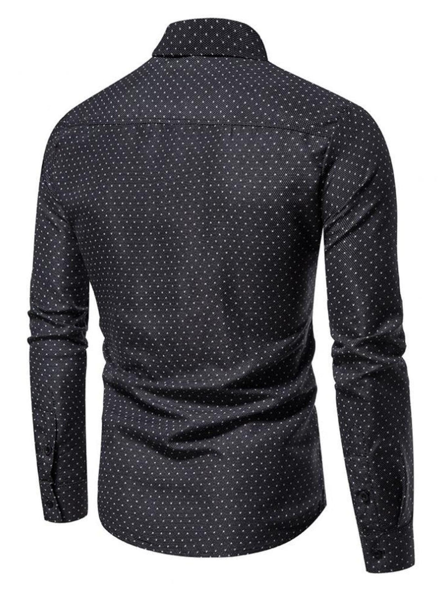 Dark blue micro-dotted slim fit button-up shirt with long sleeves.