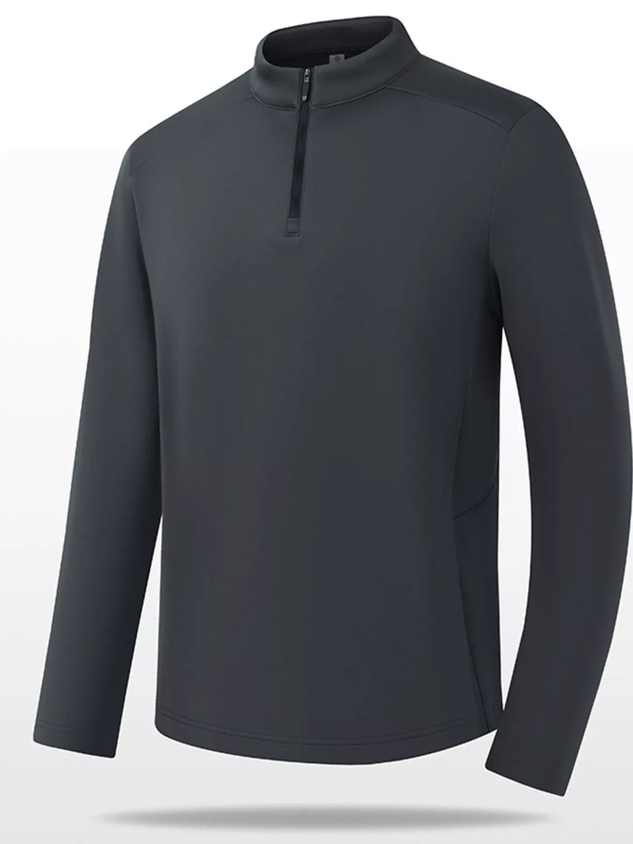 Plus-size dark gray quarter-zip sweatshirt with a stand-up collar and long sleeves.