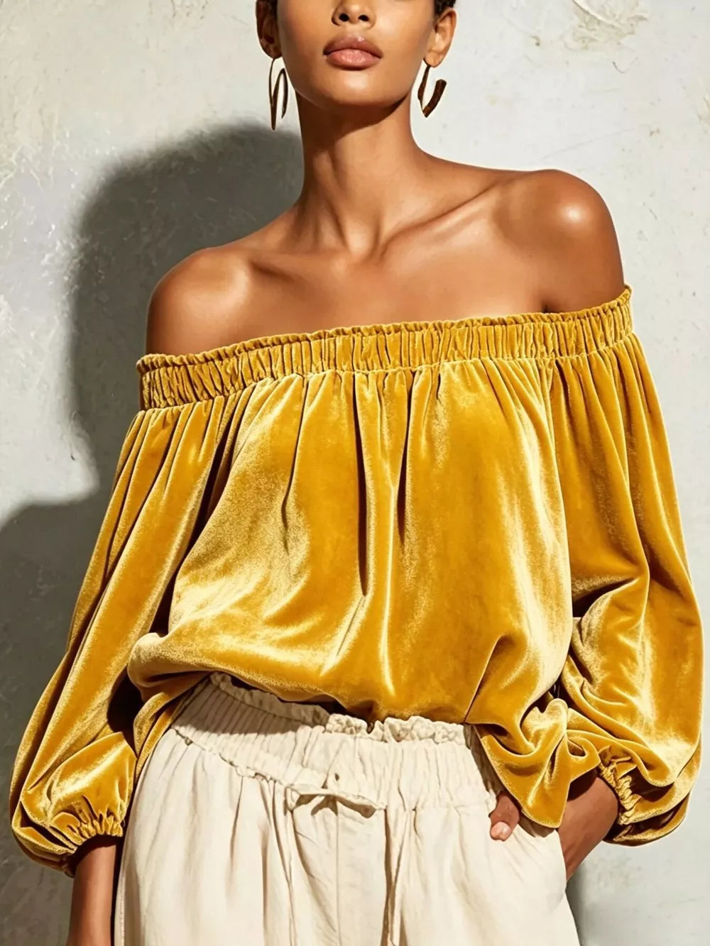 off-shoulder top in mustard featuring off-shoulder and relaxed fit
