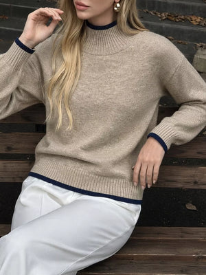 Cozy Mock Neck Sweater With Contrast Trim option 5