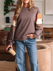 Coffee Brown Color Block Drop Shoulder Pullover Sweatshirt