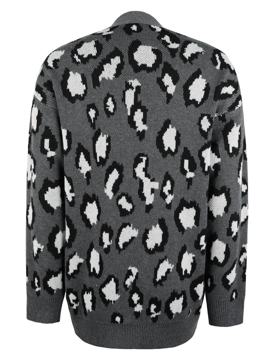 Dark Gray leopard print knit cardigan with a relaxed fit and crew neck.