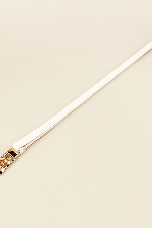 White leather belt with gold chain link buckle detail