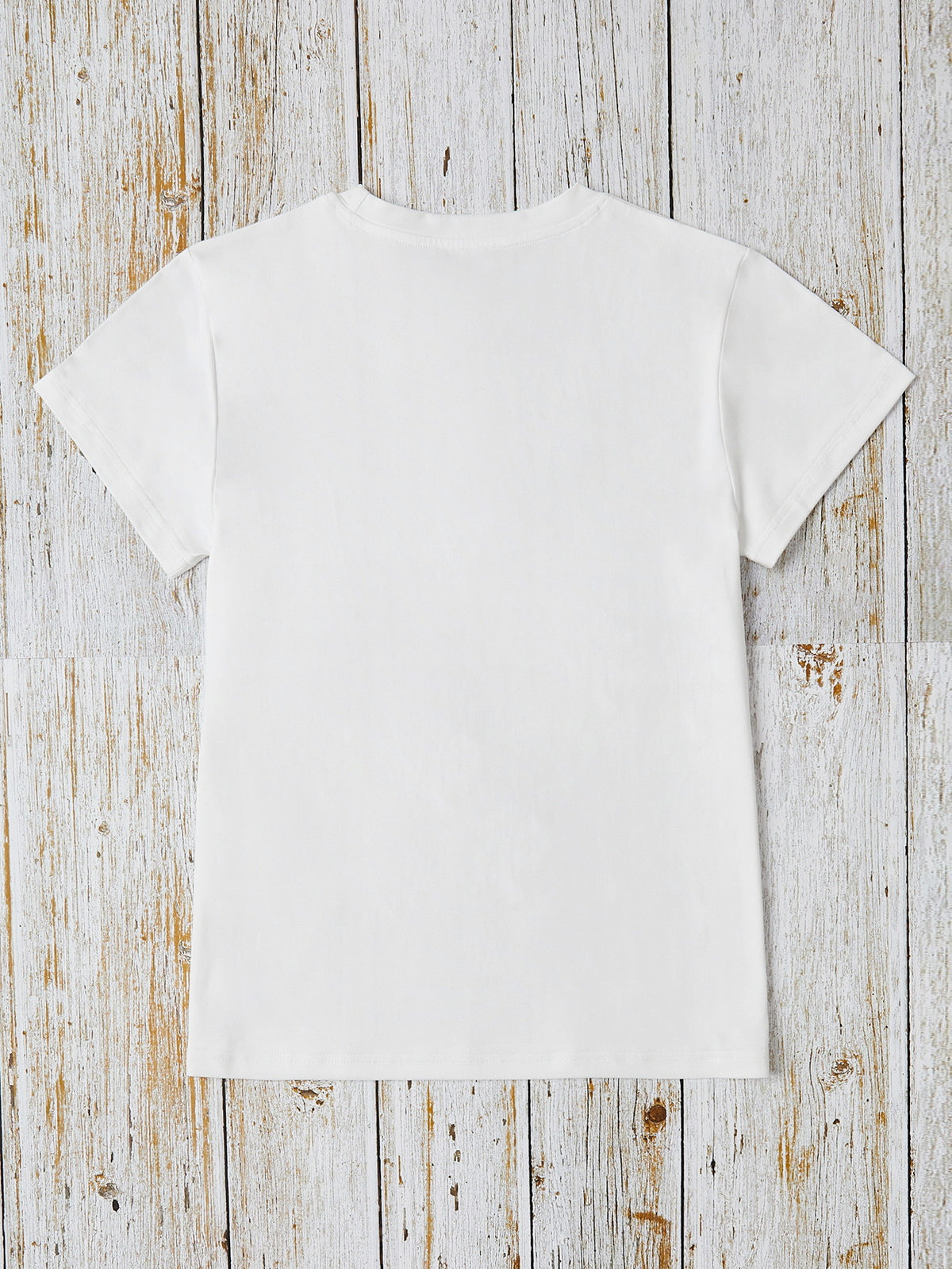 White crew neck t-shirt with short sleeves, plain back.