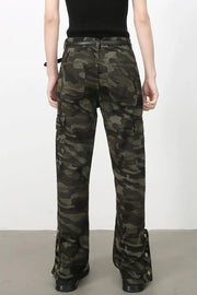 Camouflage utility flare cargo pants with adjustable belt and snap details at the hem.