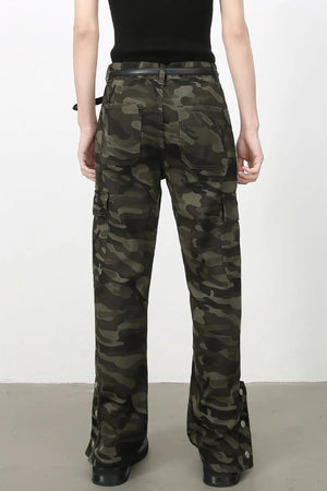 Camouflage utility flare cargo pants with adjustable belt and snap details at the hem.
