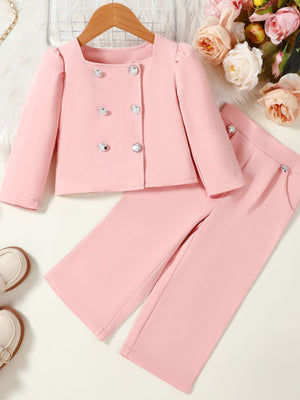 Toddler pink double-breasted blazer and wide-leg pants set with decorative buttons