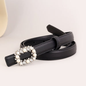 Black leather belt with oval pearl and crystal embellishment buckle