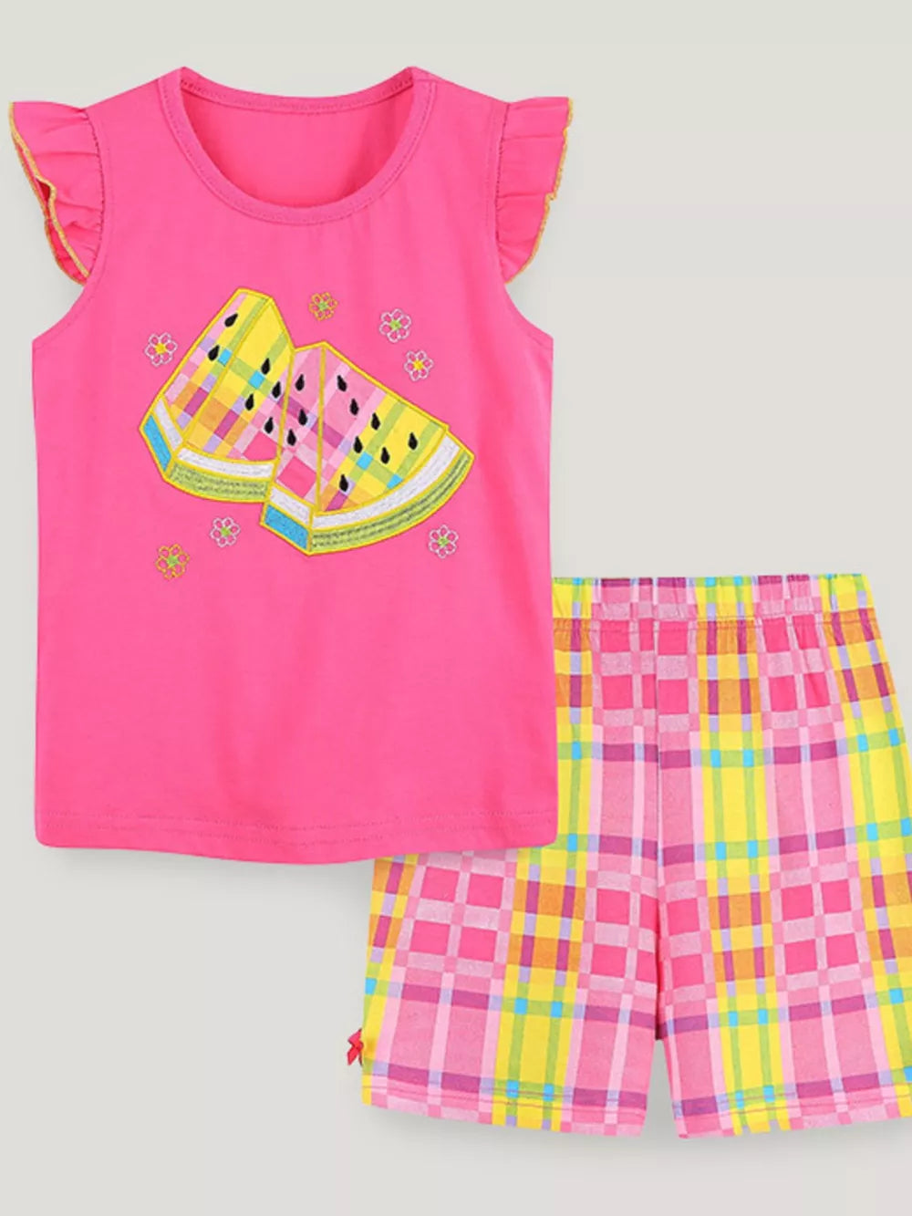 Toddler girls' pink watermelon pajama set with ruffled sleeves and plaid shorts.