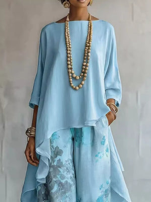 Asymmetrical Hem Top And Floral Pants Set in Khaki