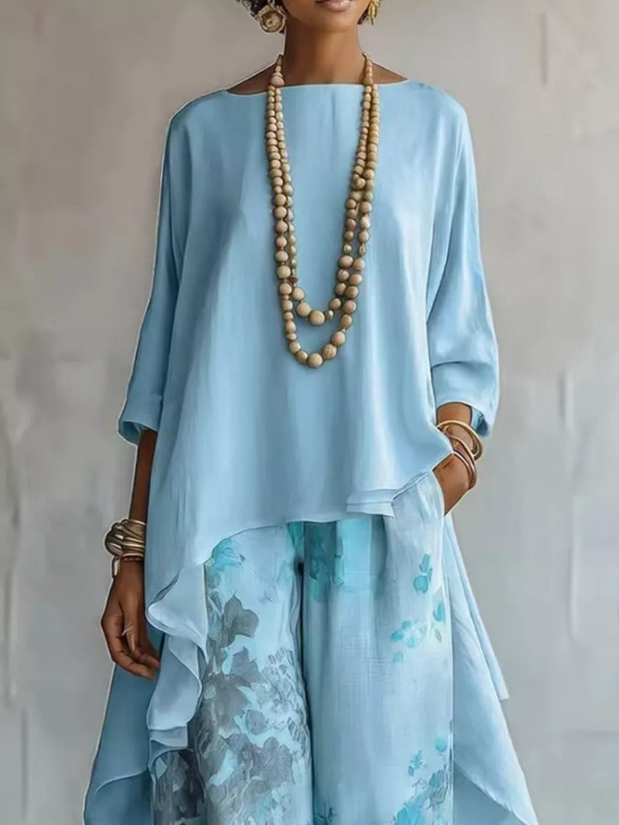 Asymmetrical Hem Top And Floral Pants Set in Khaki