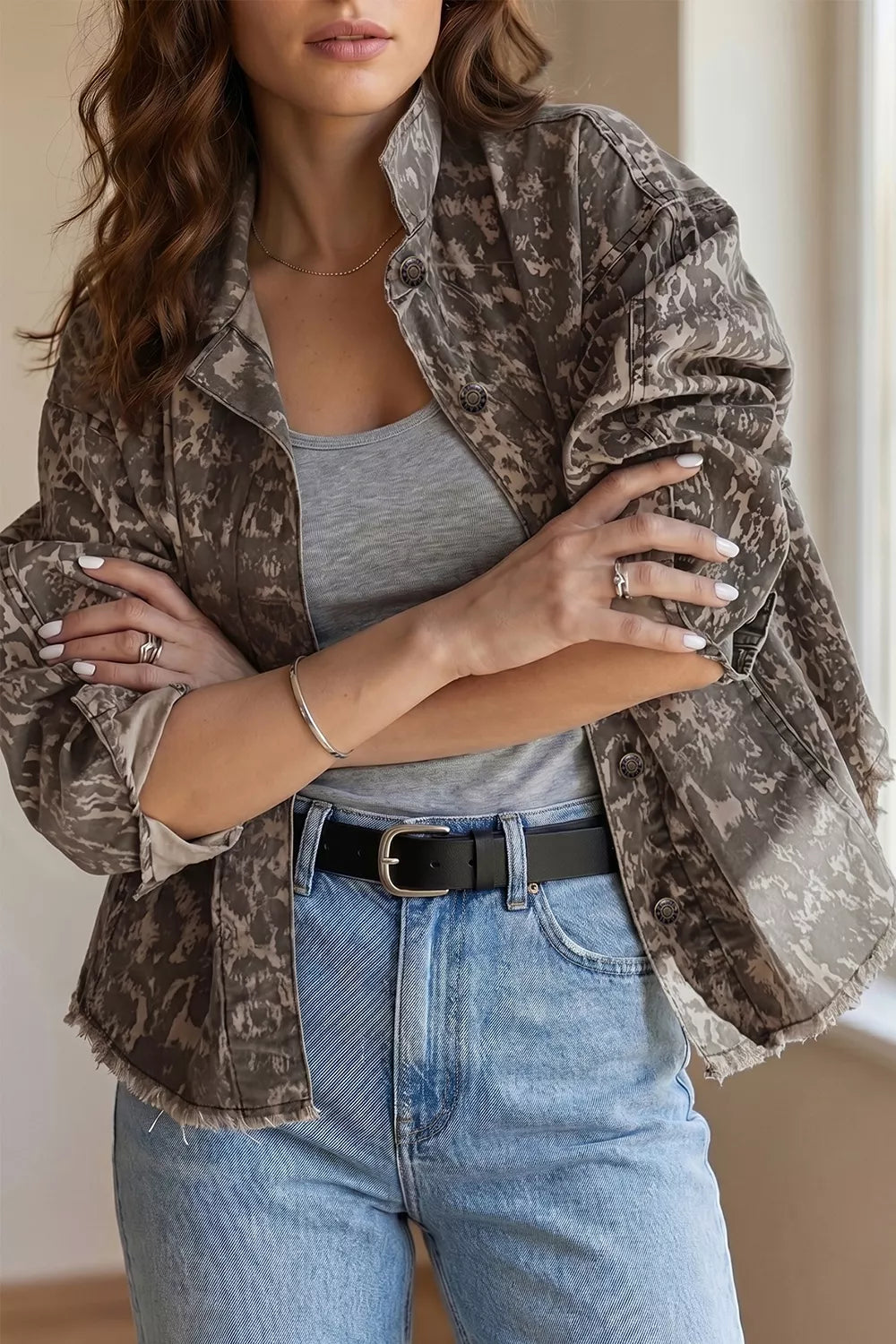khaki denim jacket featuring buttoned and camo