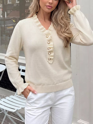Ruffle Trim Pearl Button V-neck Knit Top option 6