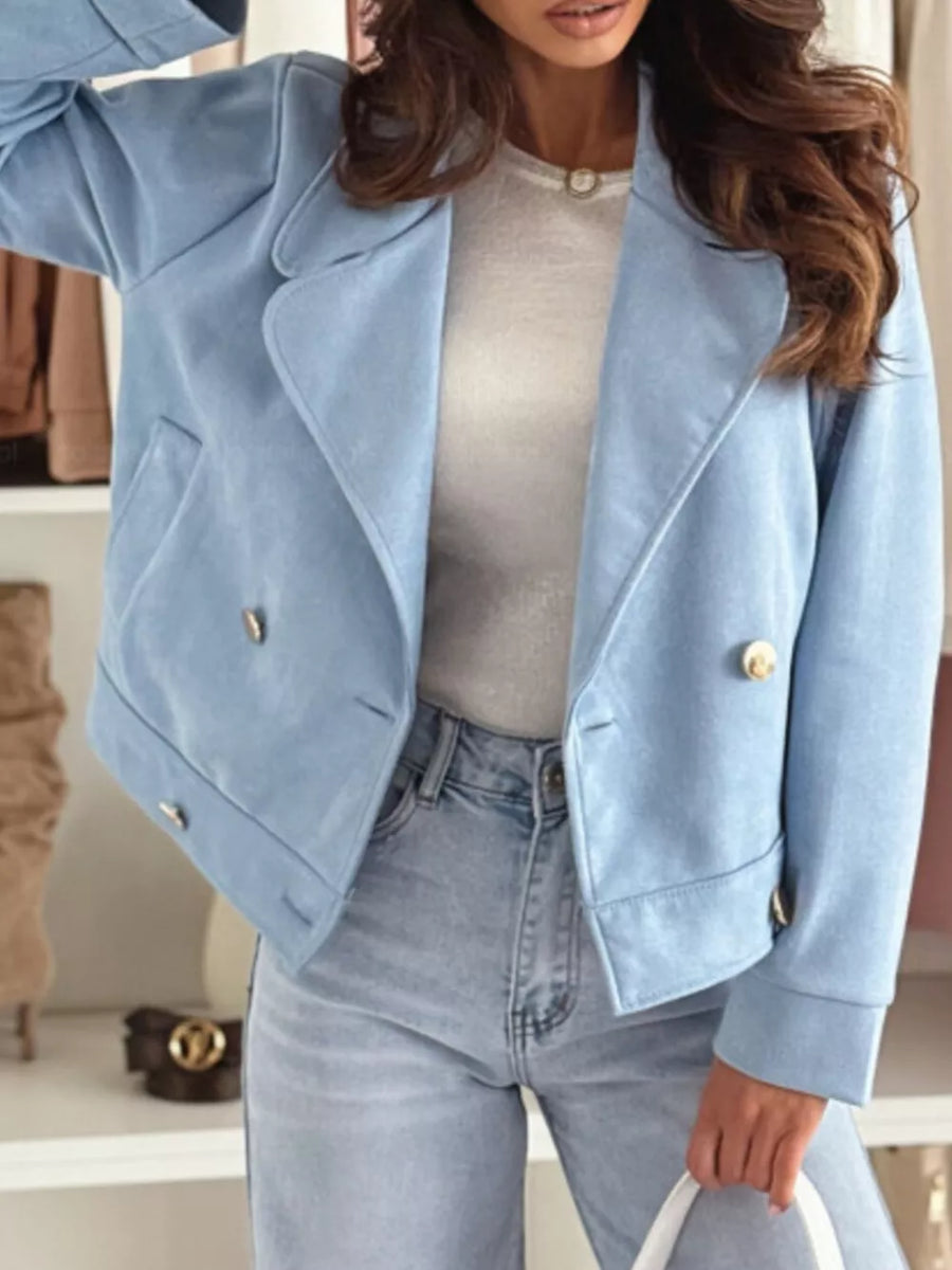Chic Double-breasted Cropped Jacket in Pale Blush