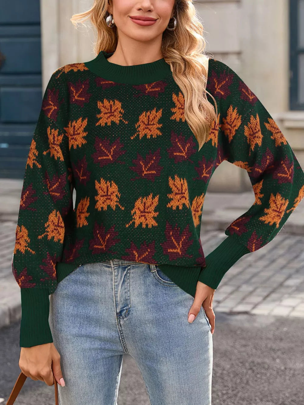 mock neck sweater featuring leaf-print in rust with 100% polyester Care instructions: Machine wash cold texture
