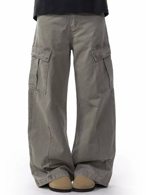 Men's grey cargo sweatpants with multiple pockets and a relaxed fit.