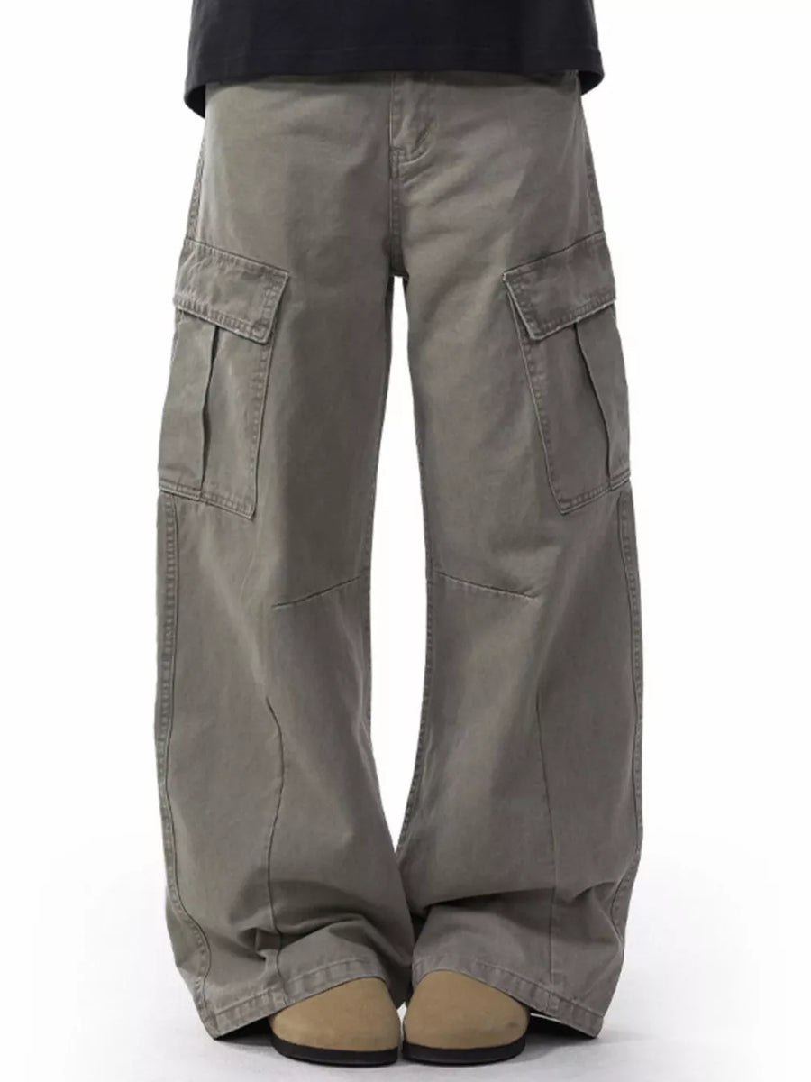 Men's grey cargo sweatpants with multiple pockets and a relaxed fit.