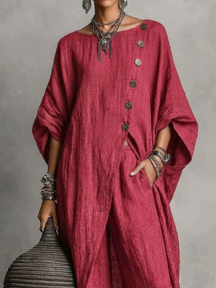 Asymmetric Button-Down Top & Wide-Leg Pants Set Plus Size in Wine Red