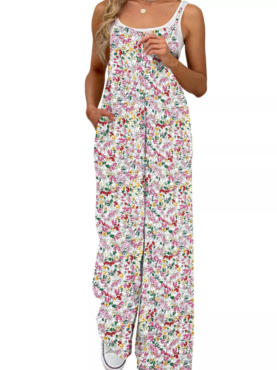 Floral Print Wide Leg Spaghetti Strap Overalls, view 11