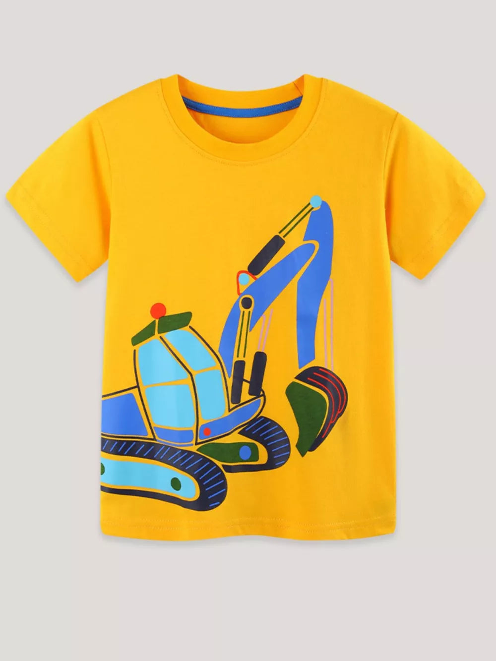 Yellow t-shirt with a blue and green excavator graphic, crew neck, short sleeves.