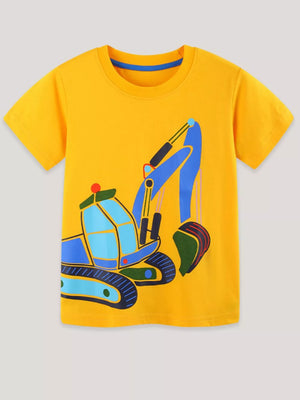 Yellow t-shirt with a blue and green excavator graphic, crew neck, short sleeves.