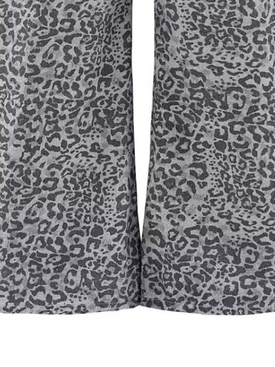 wide-leg jeans in charcoal with leopard-print and buttoned