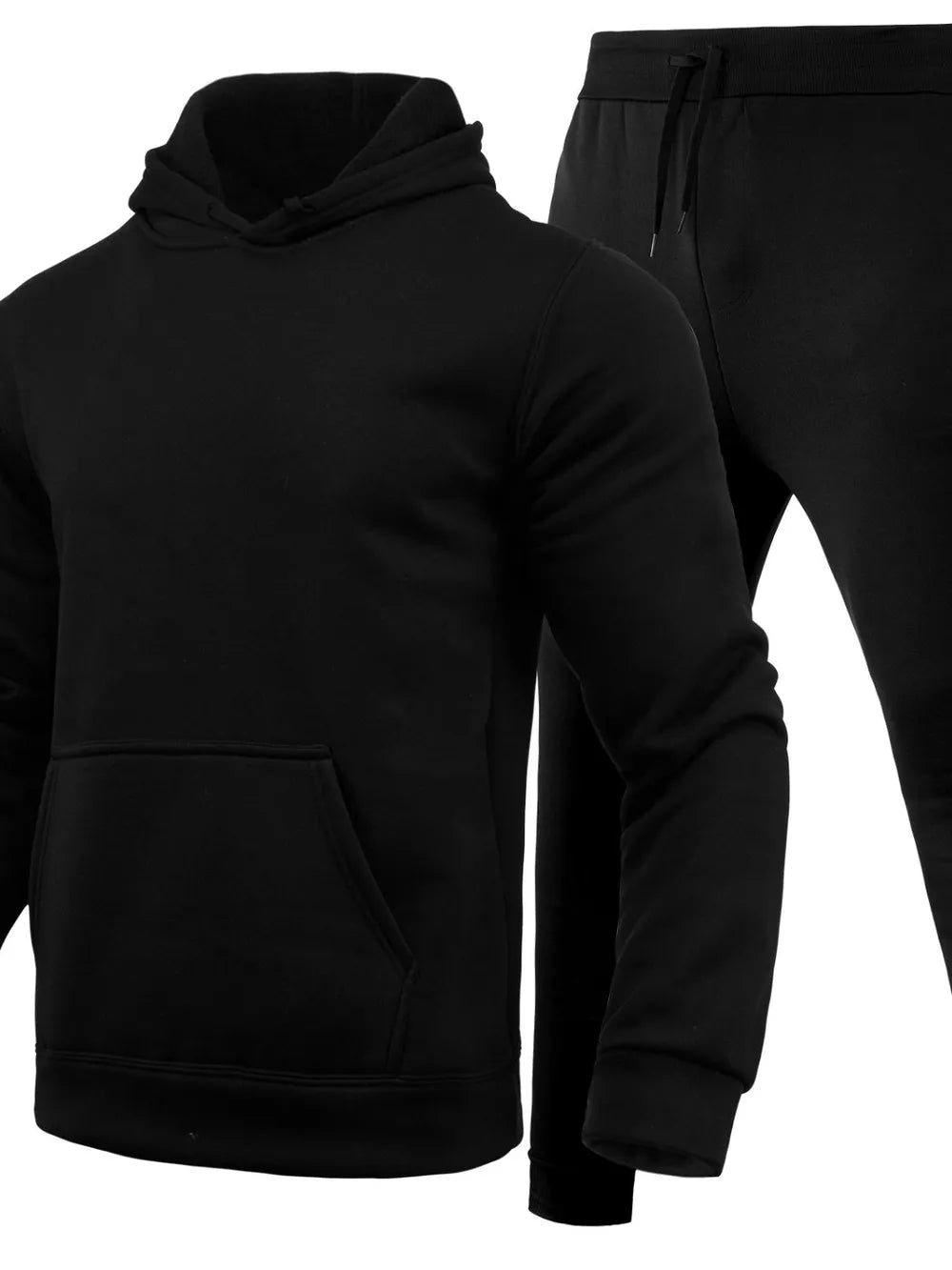 Black fleece hoodie with kangaroo pocket and matching joggers with drawstring waist.