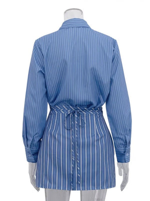 Dusty Blue with Striped Buttoned Shirt And Mini Skirt Set in Dusty Blue