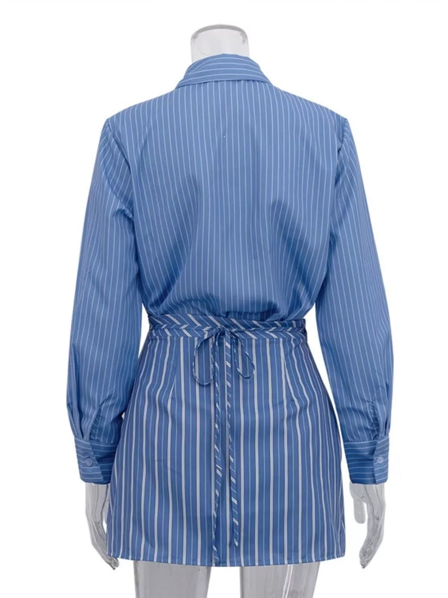 Dusty Blue with Striped Buttoned Shirt And Mini Skirt Set in Dusty Blue