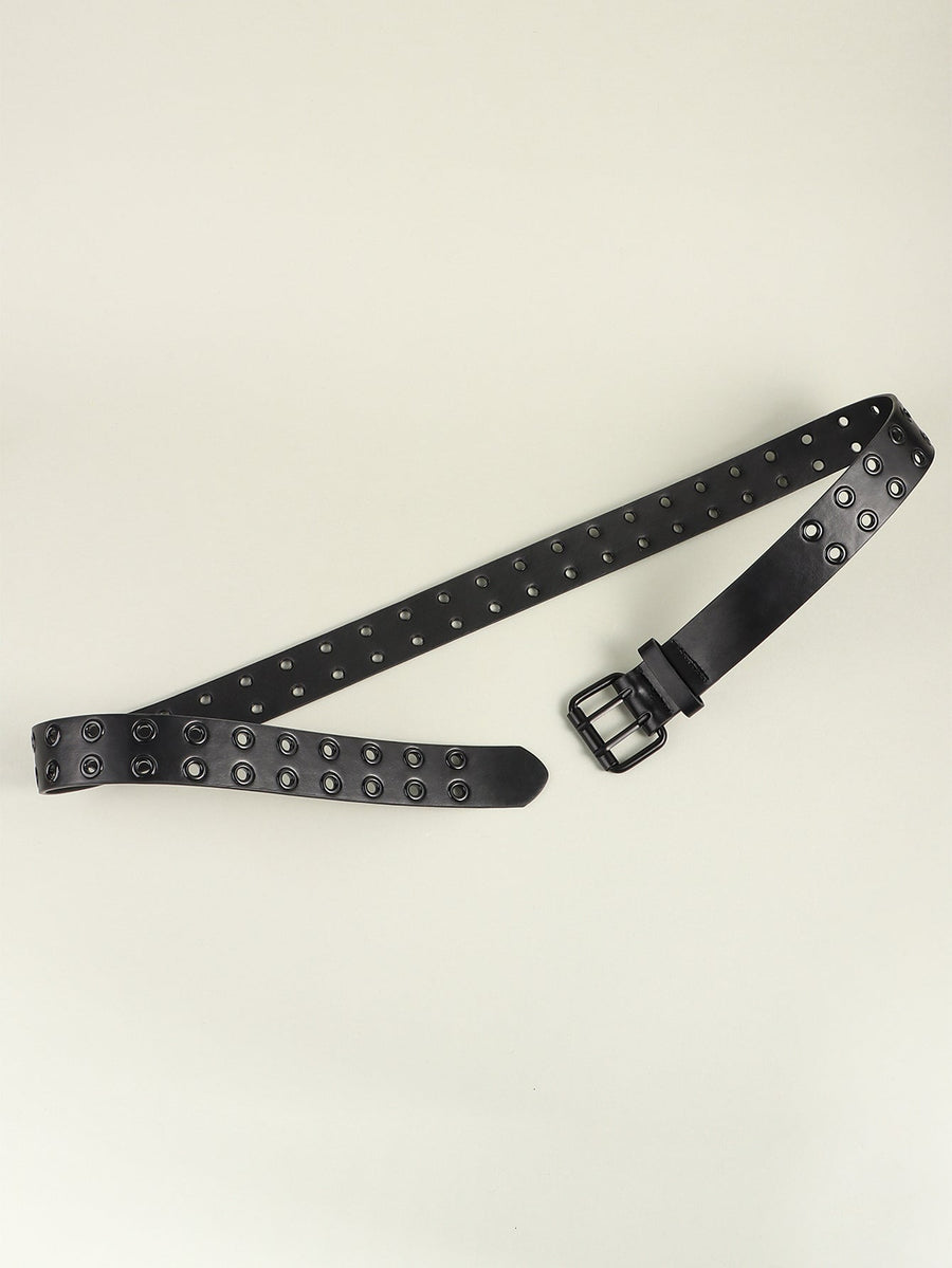 Black vegan leather belt with double grommet detail and silver buckle