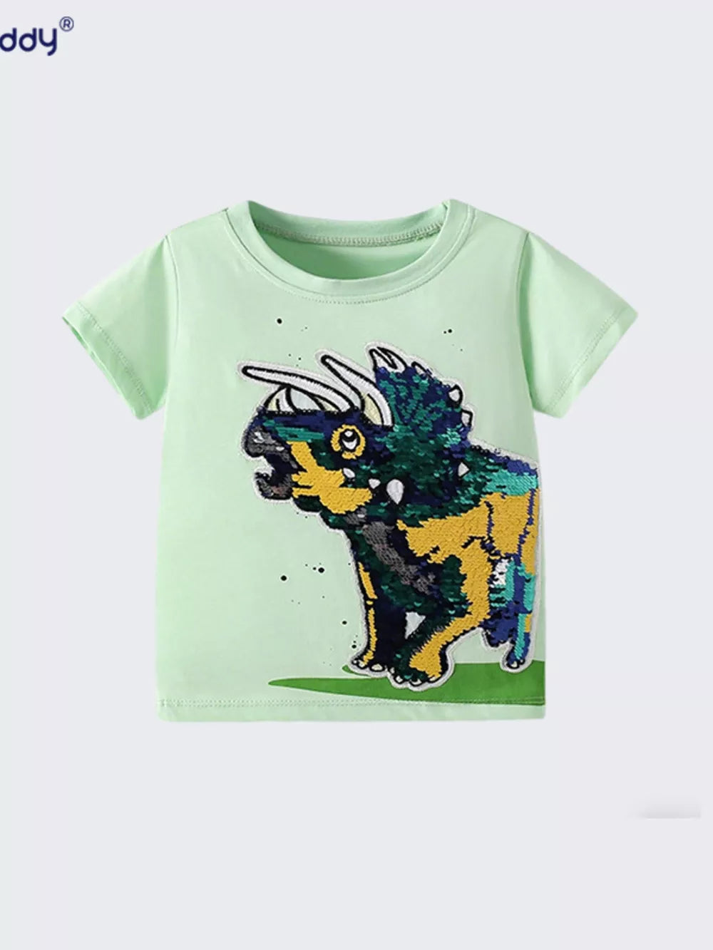 Light green cotton t-shirt with a sparkling dinosaur graphic and short sleeves.
