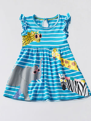 Blue striped cotton toddler dress with animal appliqués and flutter sleeves.