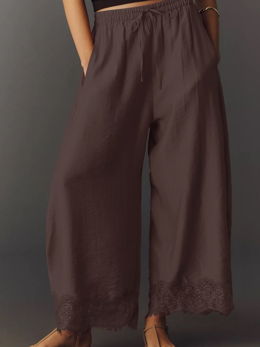 Elastic-Waist Pocketed Drawstring Wide Leg Pants in Burnt Coral with drawstring