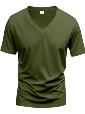 Army green V-neck t-shirt with a modern muscle fit and short sleeves.