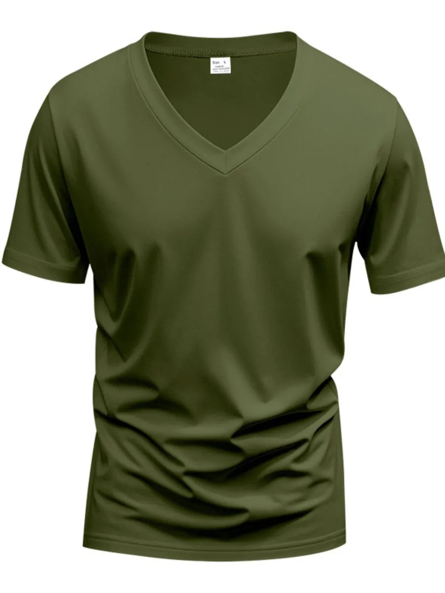 Army green V-neck t-shirt with a modern muscle fit and short sleeves.