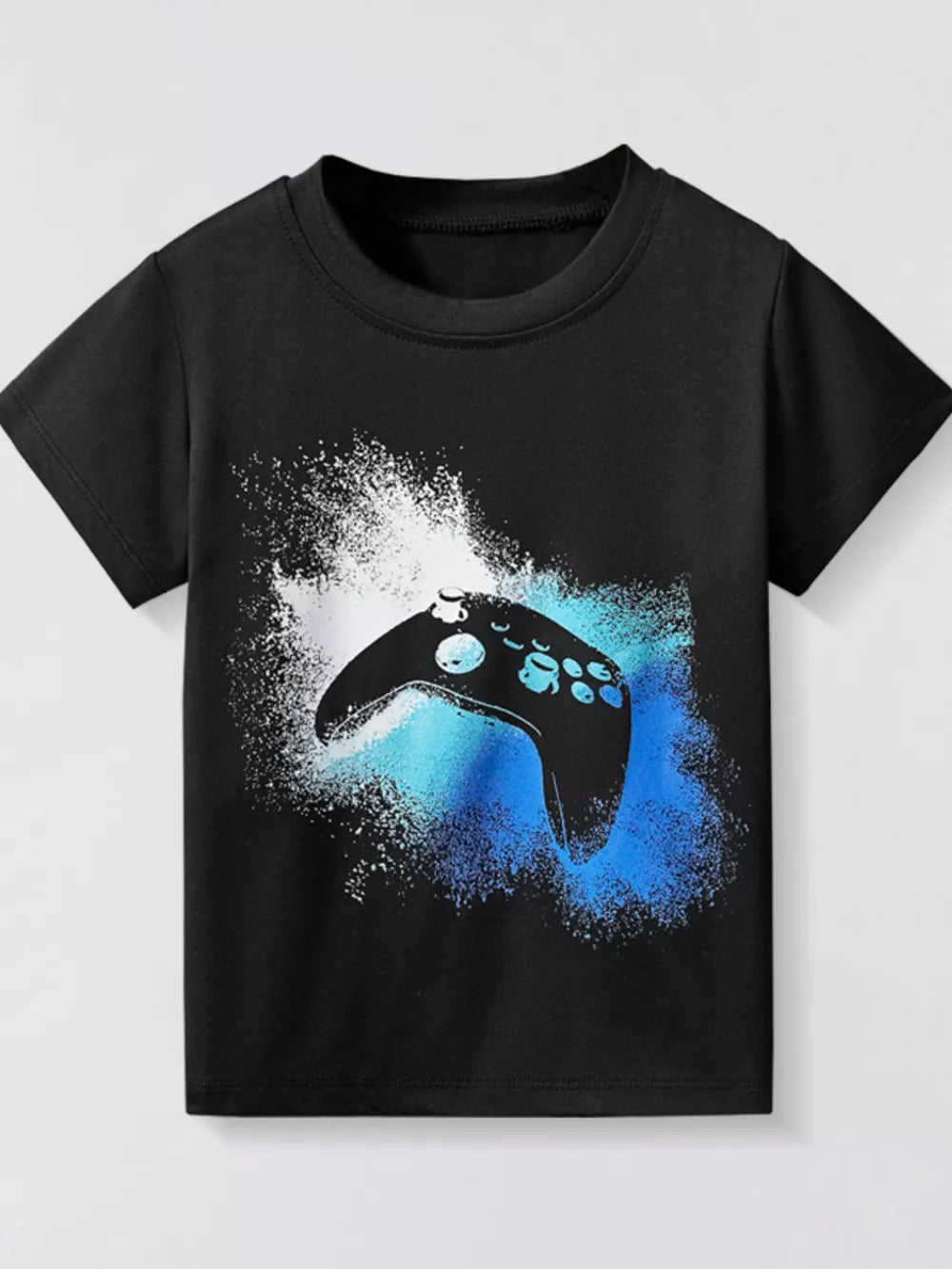 Black t-shirt with a graphic print of a video game controller with blue and white spray paint effect.