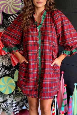 Deep Red with Plaid Ruffle Cuff Button Front Mini Dress