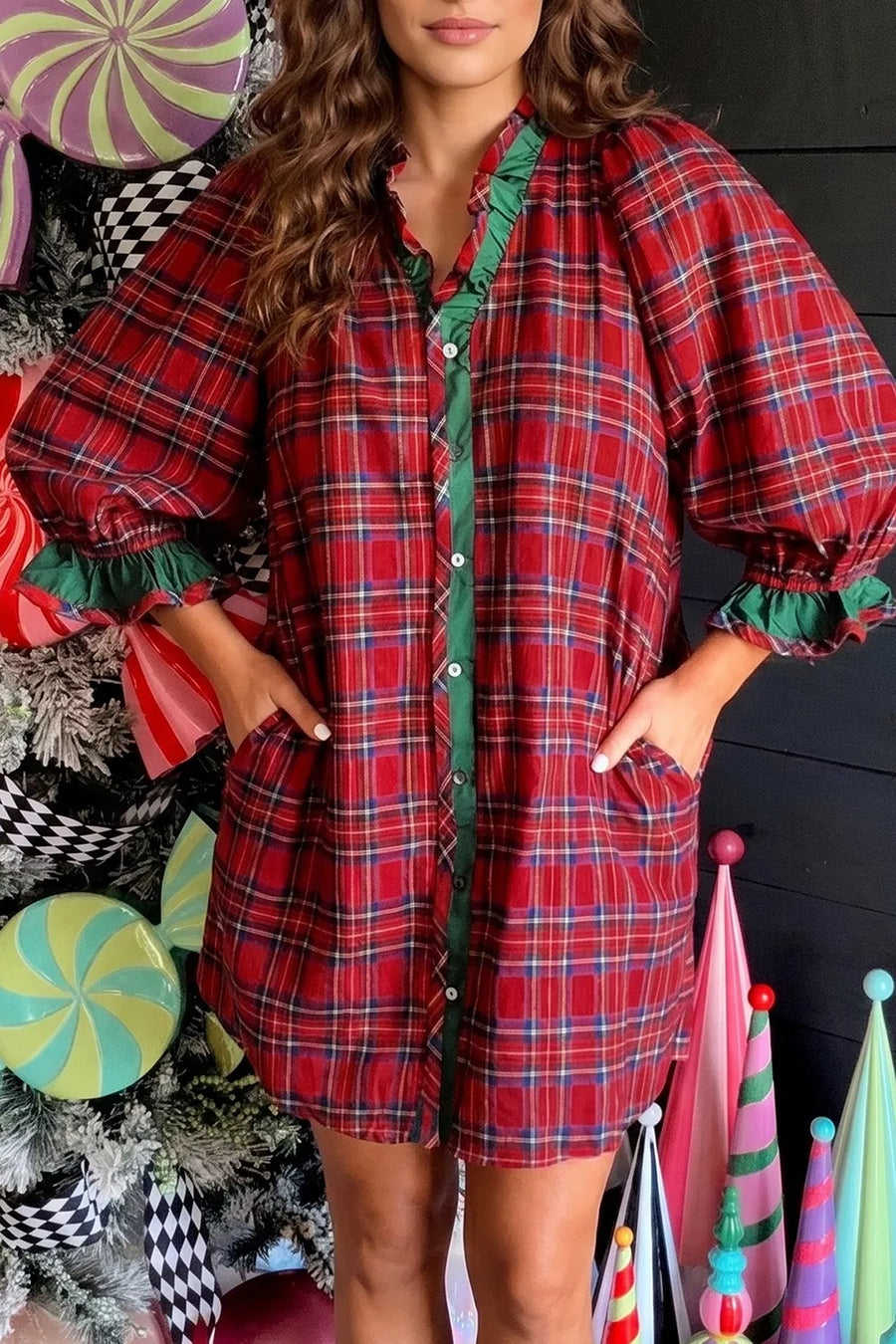 Deep Red with Plaid Ruffle Cuff Button Front Mini Dress