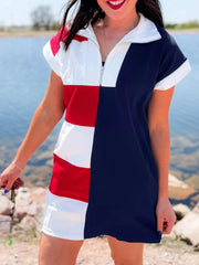 Americana colorblock mini dress with quarter zip, collar, and short sleeves in navy, white, and red.