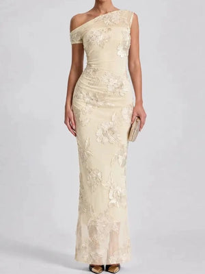ivory maxi dress with floral and one-shoulder