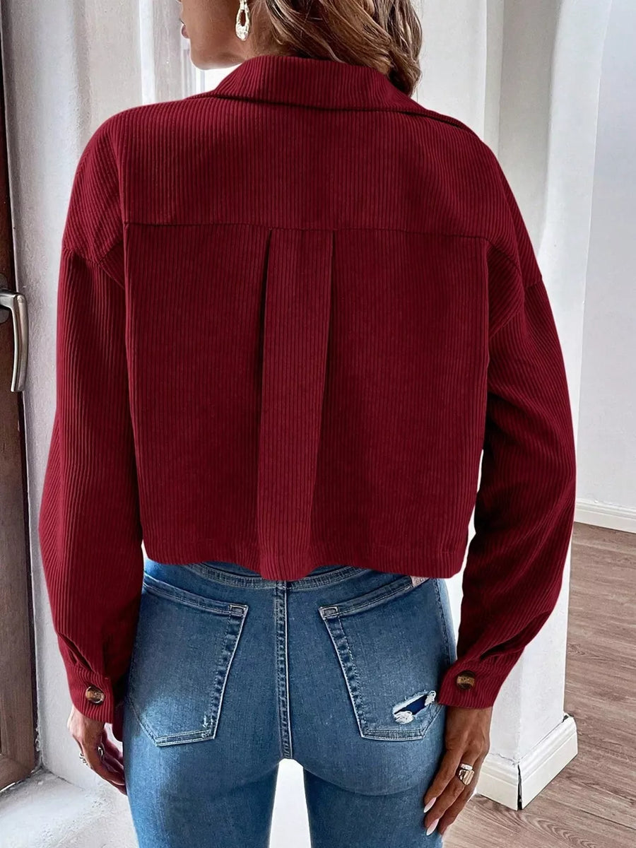 brown trucker jacket with cropped and button-front