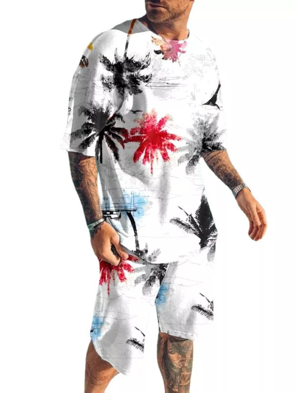 Men's Palm Tree Print Top And Shorts Set Plus Size in White