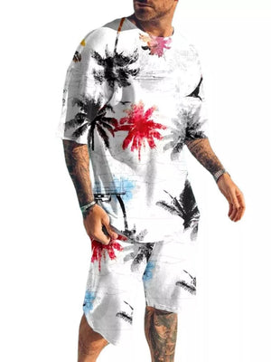 Men's Palm Tree Print Top And Shorts Set Plus Size in White