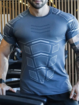 Men's dark gray athletic t-shirt with geometric chest detail and performance fit