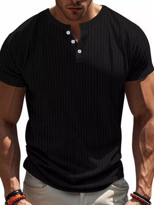 Men's black ribbed button-down casual tee with short sleeves and a henley neckline.