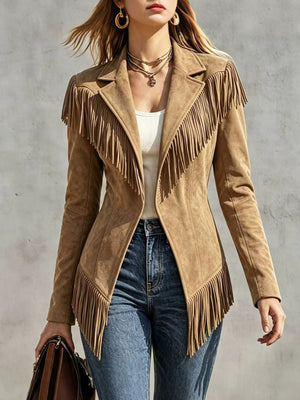 jacket in camel featuring fringe and fitted fit